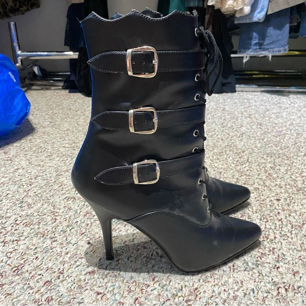Pleasers Black Buckle Ankle Bootie Heels Womens Size 9